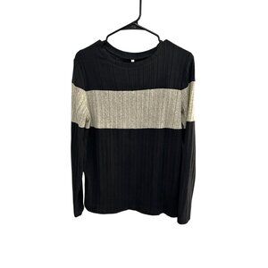 Womens Casual Color Block Ribbed Crewneck Long-Sleeve Shirt Sweater Size L
